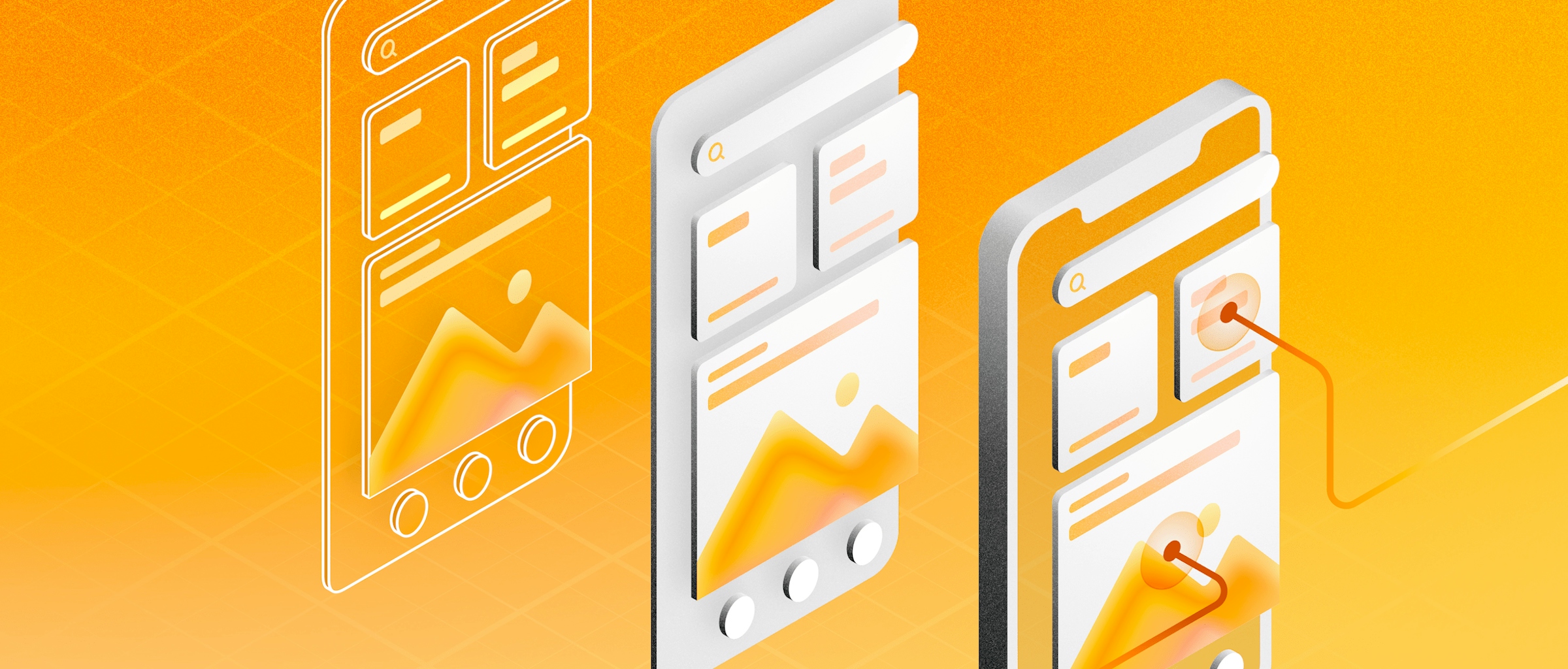 Image comparing a wireframe, mockup and prototype over a yellow background.